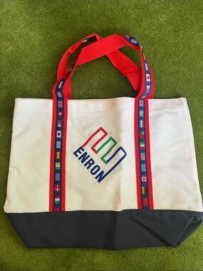 White & Navy Canvas Tote Bag with Red Straps